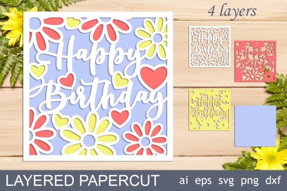 3d Happy Birthday Card with Flowers Svg: Laser Cutting and Birthday Visuals