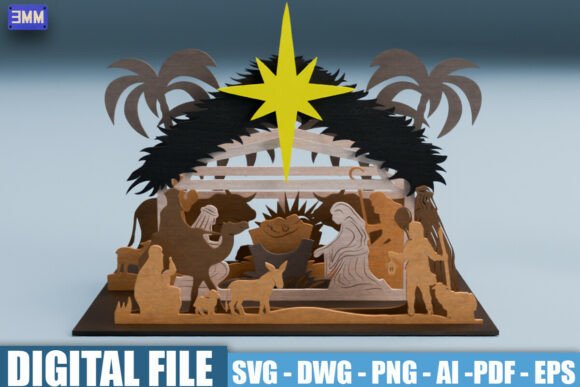 3D Nativity Manger Sign SVG DXF for Laser Cutting and Winter Amp