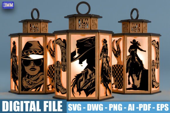 3D Western Cowgirl Lantern SVG DXF for Laser Cutting Stands