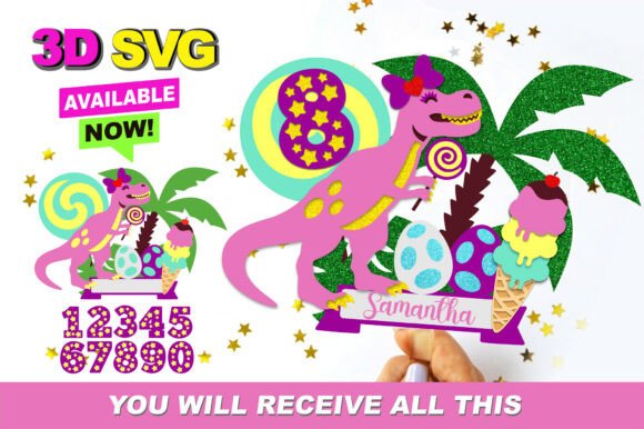 Girly Dinosaur Cake Topper 3D SVG Graphics for Crafts