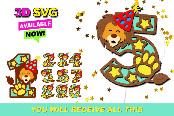 Lion Numbers 3D SVG for Laser Cutting and Birthday Branding